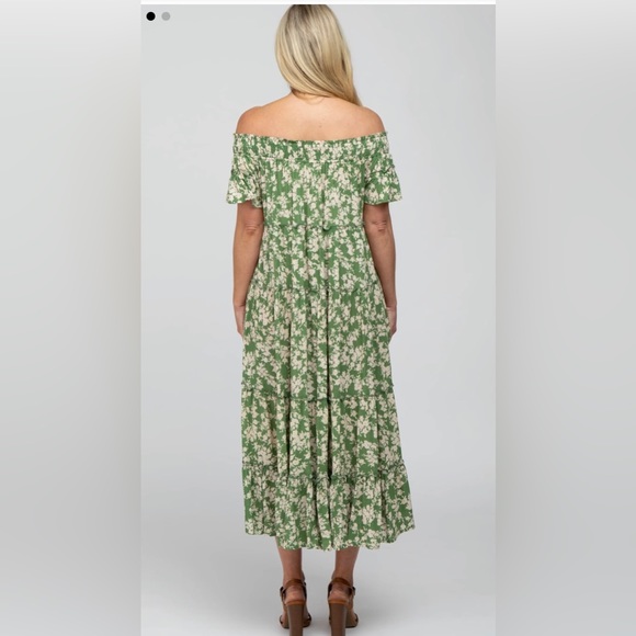 PinkBlush - NWOT - Olive Colour Off the Shoulder Teared Maternity Midi Dress - Picture 2 of 4